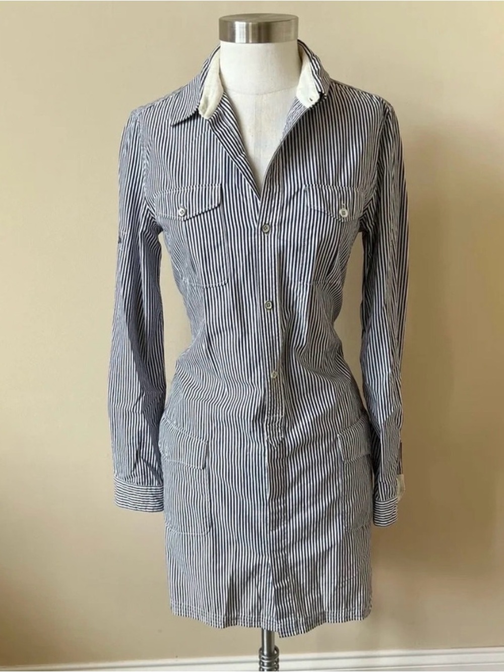 rag & bone Navy and White Striped Long Sleeve Shirt Dress